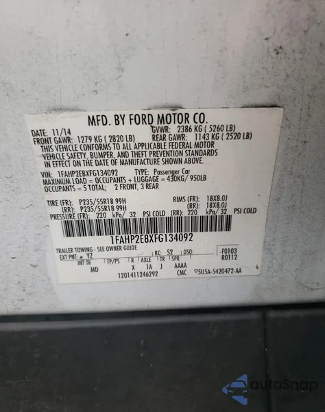 2015 Ford Taurus Sel from USA, damaged, VIN 1FAHP2E8XFG134092